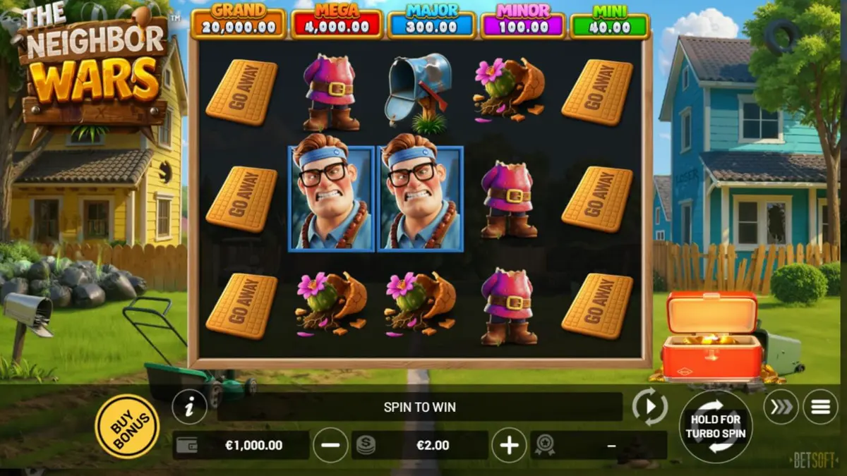 Tampilan visual slot The Neighbor Wars dengan tema perselisihan tetangga yang lucu.