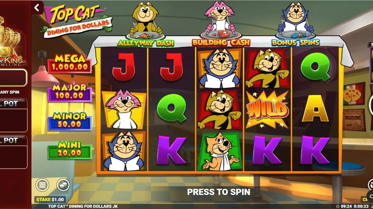 Tampilan antarmuka seluler slot Top Cat Dining For Dollars dengan karakter kartun ikonik.